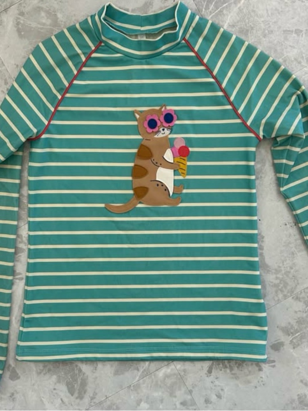 Boden Teal and Cream Striped Long-Sleeve Rash Guard with Cat Ice Cream 11-12